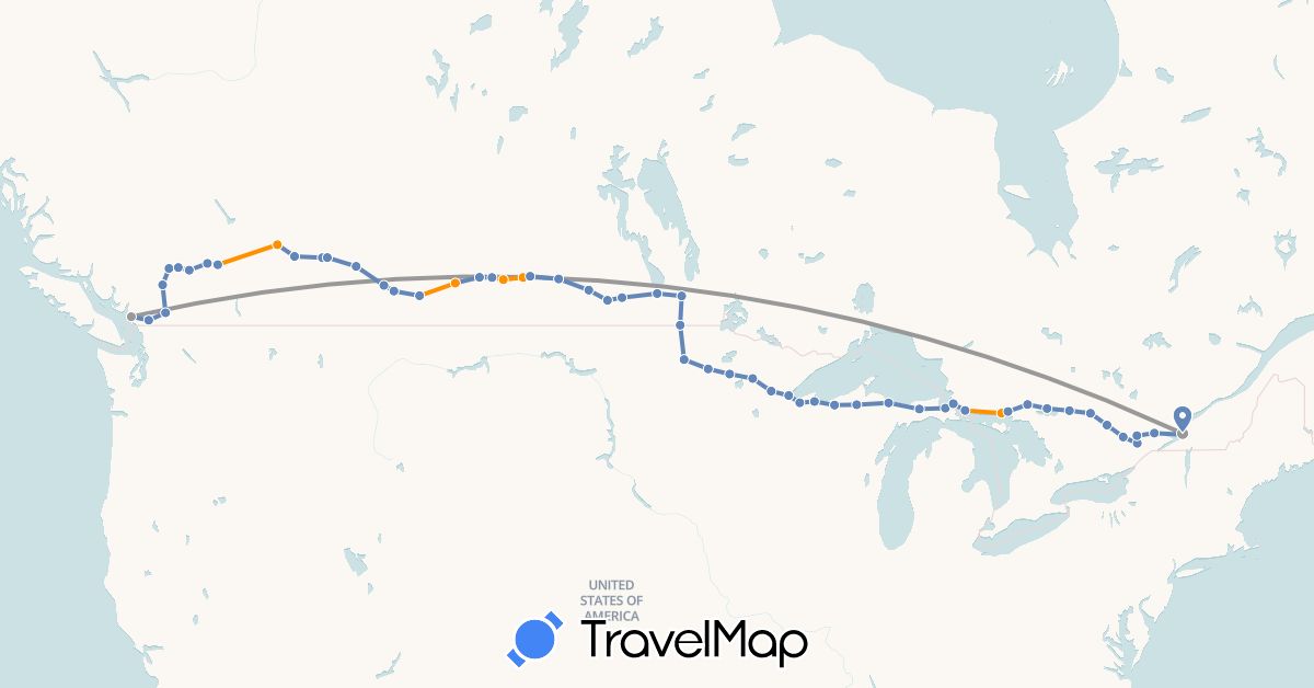 TravelMap itinerary: driving, plane, cycling, hitchhiking in Canada, United States (North America)